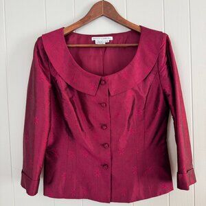 Vintage Maggy London Silk Cranberry Blazer Ornate Buttons 3/4 Sleeve - Size 8